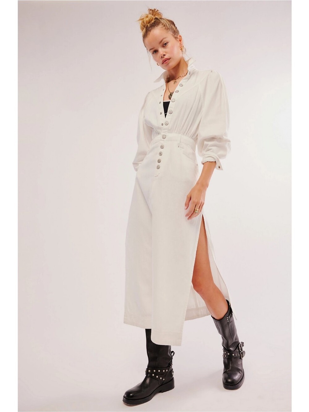 Free People Mad Love Denim Midi Dress White Nwot